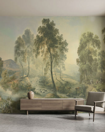 Stylish modern room featuring prairie mural as focal point, showcasing size, texture, and detailed craftsmanship.
