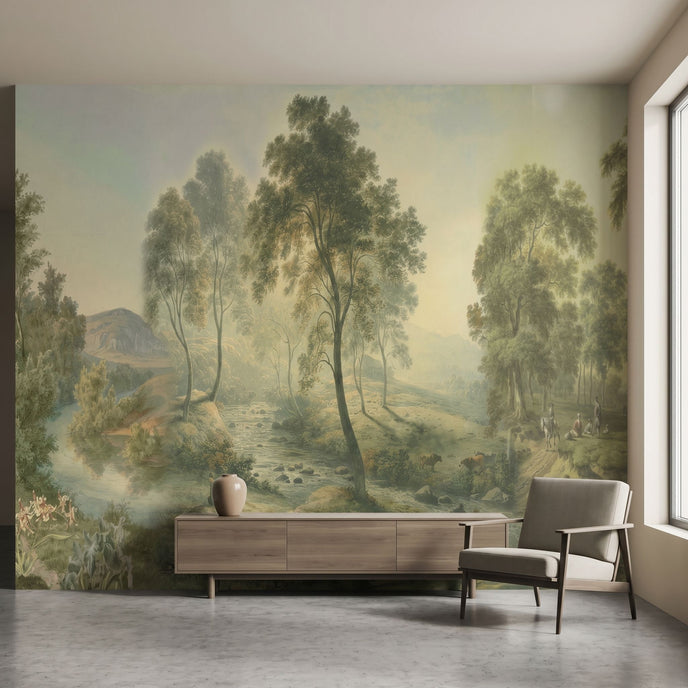Stylish modern room featuring prairie mural as focal point, showcasing size, texture, and detailed craftsmanship.