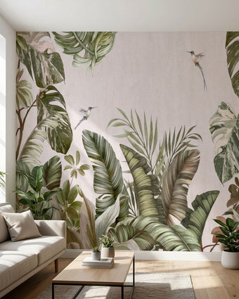 Vibrant floral and tropical wall mural in a modern living room setting, covering a large wall and enhancing the cozy interior.