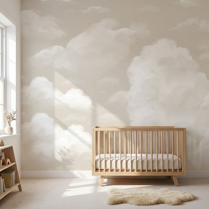 High-resolution nursery mural of beige clouds filling the wall, creating a calm, kid-friendly atmosphere with realistic lighting.