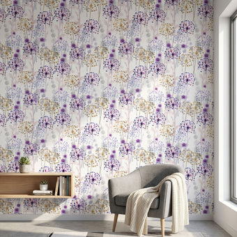 Full wall view of the Dandy mural in a minimalist living room, featuring vibrant purple floral pattern on a large wall space.
