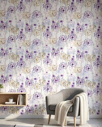 Full wall view of the Dandy mural in a minimalist living room, featuring vibrant purple floral pattern on a large wall space.