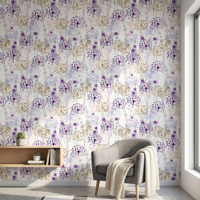 Full wall view of the Dandy mural in a minimalist living room, featuring vibrant purple floral pattern on a large wall space.