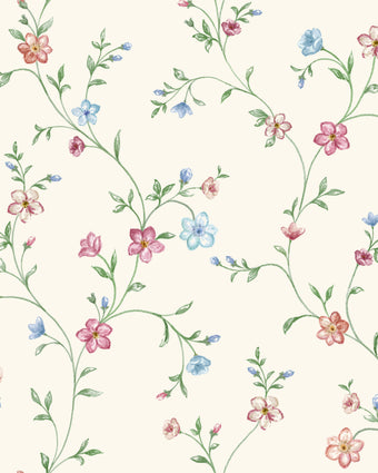 Delicate pink and blue floral wallpaper with trailing green stems and leaves on a warm cream background.