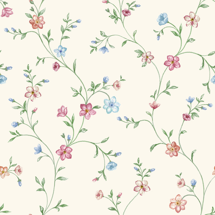 Delicate pink and blue floral wallpaper with trailing green stems and leaves on a warm cream background.