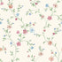 Delicate pink and blue floral wallpaper with trailing green stems and leaves on a warm cream background.
