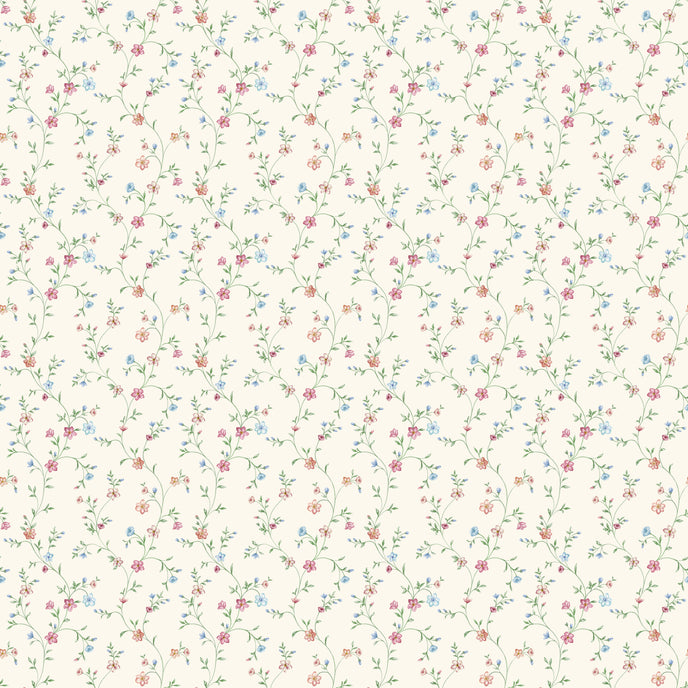 Delicate pink and blue floral wallpaper with trailing green stems and leaves on a warm cream background.