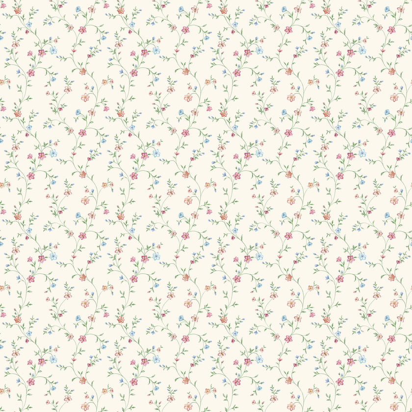 Delicate pink and blue floral wallpaper with trailing green stems and leaves on a warm cream background.