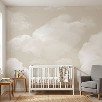 Seamless wall mural in a nursery featuring soft beige clouds on a calm sky, scaled to fit the entire wall with natural lighting.
