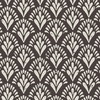 Art Deco wallpaper with repeating fan motifs in a dark neutral palette.