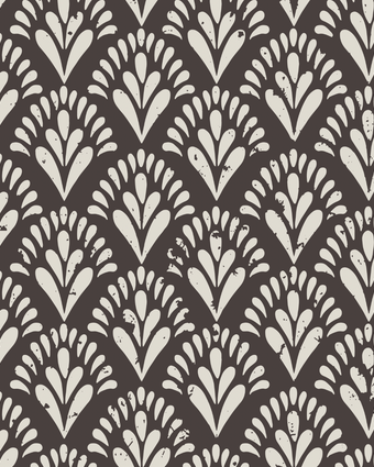Art Deco wallpaper with repeating fan motifs in a dark neutral palette.