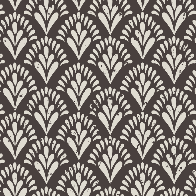 Art Deco wallpaper with repeating fan motifs in a dark neutral palette.