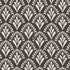 Art Deco wallpaper with repeating fan motifs in a dark neutral palette.