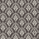 Art Deco wallpaper with repeating fan motifs in a dark neutral palette.