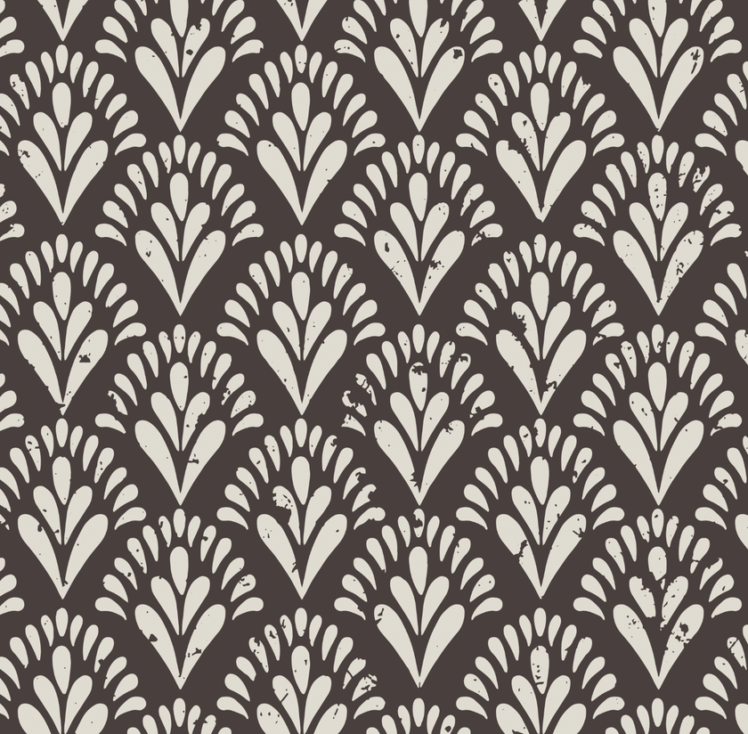 Art Deco wallpaper with repeating fan motifs in a dark neutral palette.