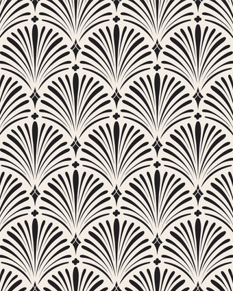 Art Deco wallpaper with repeating shell motifs in a black and off-white monochrome pattern.