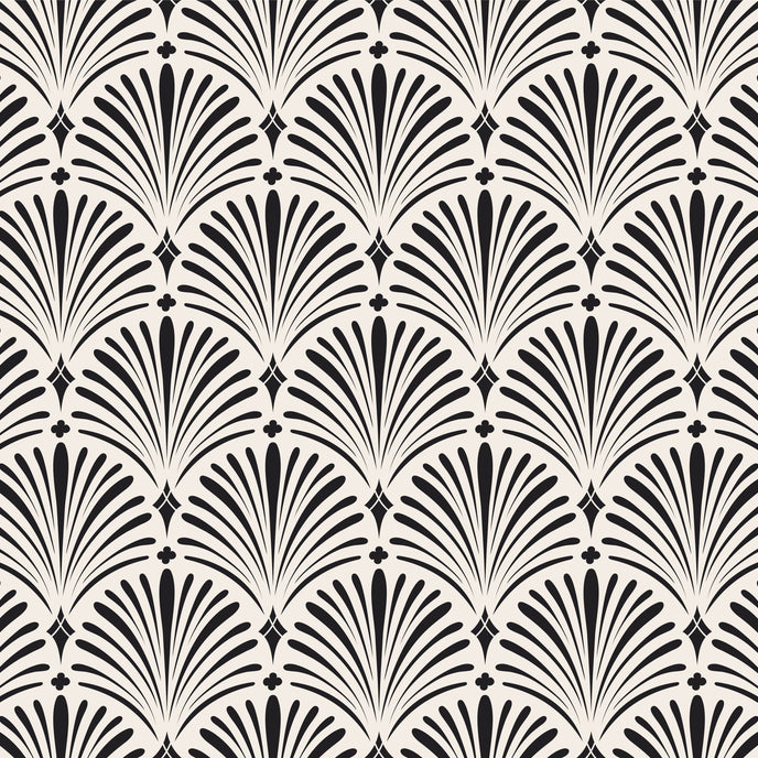 Art Deco wallpaper with repeating shell motifs in a black and off-white monochrome pattern.