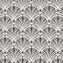 Art Deco wallpaper with repeating shell motifs in a black and off-white monochrome pattern.