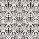 Art Deco wallpaper with repeating shell motifs in a black and off-white monochrome pattern.