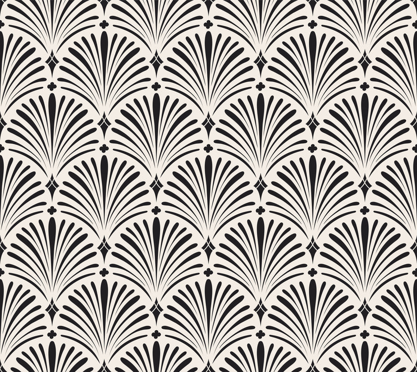 Art Deco wallpaper with repeating shell motifs in a black and off-white monochrome pattern.