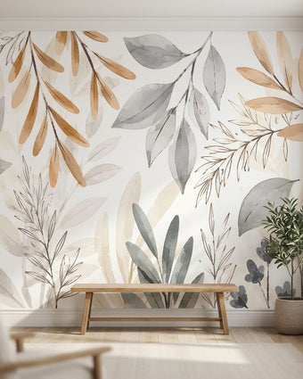 Close-up of a custom printed watercolor floral and leaf mural in beige and white, filling a cozy room wall with subtle elegance.
