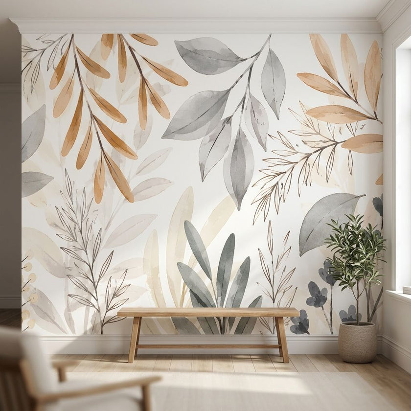Close-up of a custom printed watercolor floral and leaf mural in beige and white, filling a cozy room wall with subtle elegance.