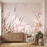 Close-up of a textured pink floral mural in a cozy interior corner, showcasing surface micro-details and craftsmanship.