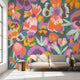 Highly detailed mural of playful pansies covering a whole wall in a modern space with natural shadows.