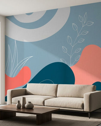 Vibrant 'Drawn In' wall mural with floral and abstract patterns on textured wall in modern living room.