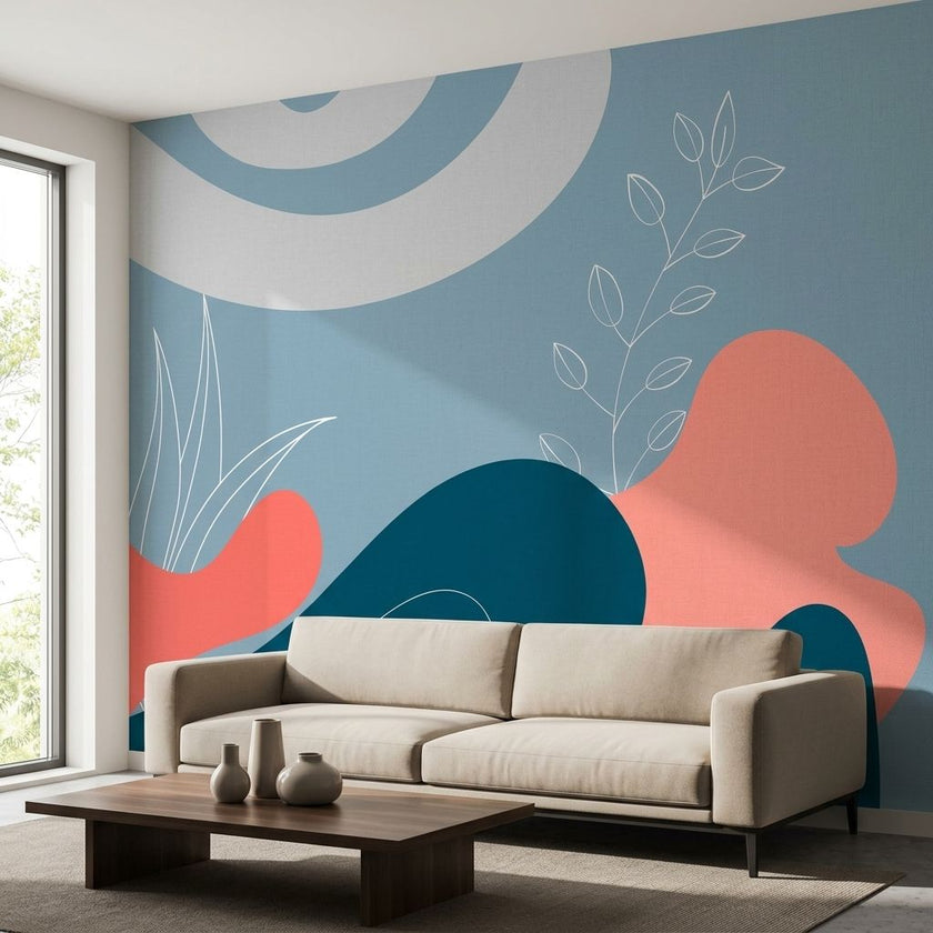 Vibrant 'Drawn In' wall mural with floral and abstract patterns on textured wall in modern living room.