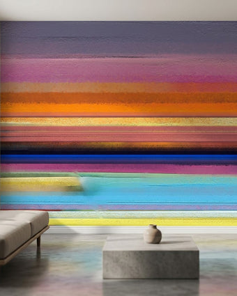Vibrant Dreamland Sunrise wall mural with abstract painted strokes in a contemporary living room