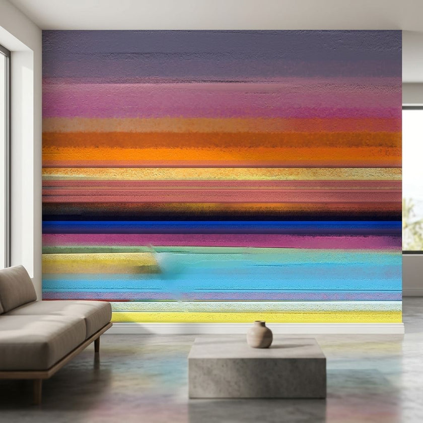 Vibrant Dreamland Sunrise wall mural with abstract painted strokes in a contemporary living room