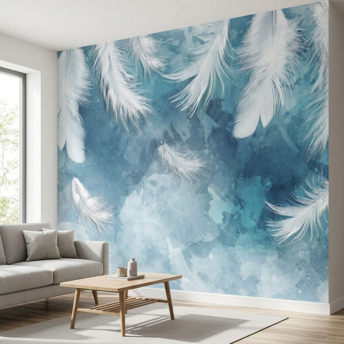 Vibrant blue feather and floral patterned mural covering an entire wall in a modern living room, illuminated by natural daylight.