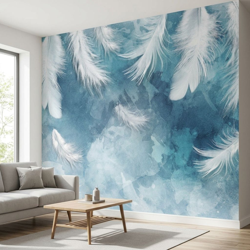 Vibrant blue feather and floral patterned mural covering an entire wall in a modern living room, illuminated by natural daylight.