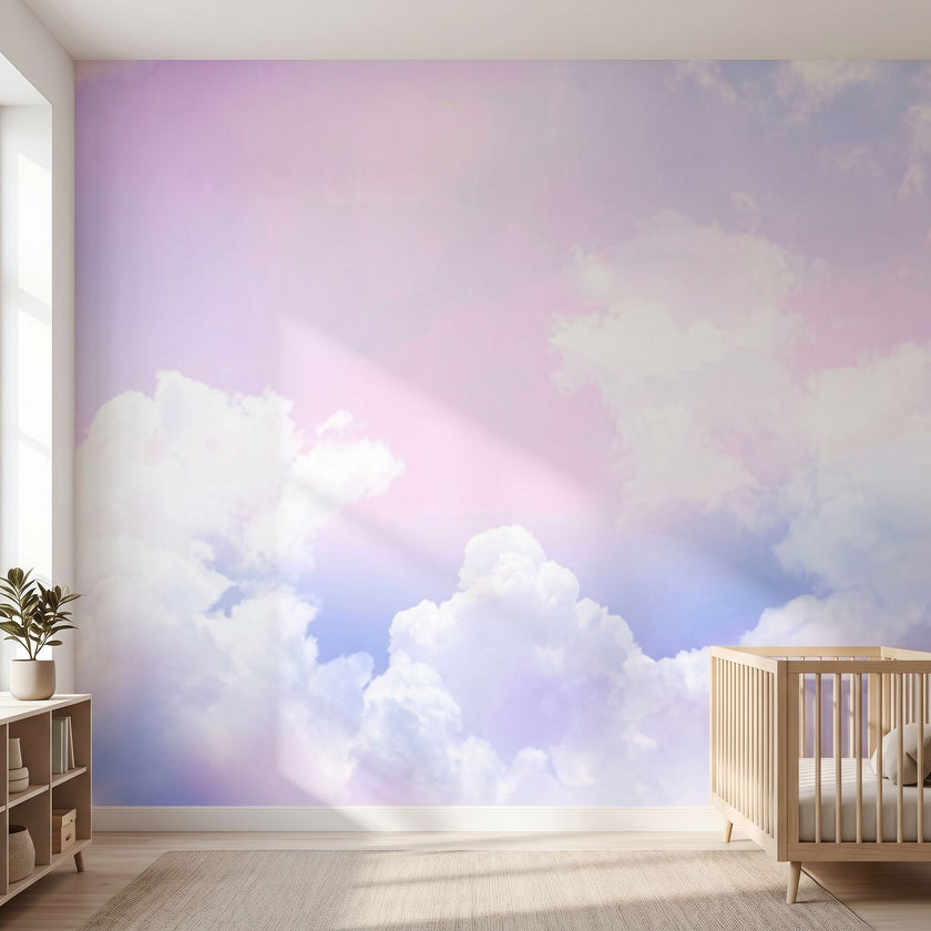 Seamless colorful sky mural extending across a large nursery wall with natural sunlight, highlighting the lively colors and soft textures.