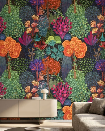 Vibrant floral mural with tulips, seamless pattern, in modern living room wall setting, emphasizing texture and intricate details.