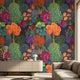 Vibrant floral mural with tulips, seamless pattern, in modern living room wall setting, emphasizing texture and intricate details.