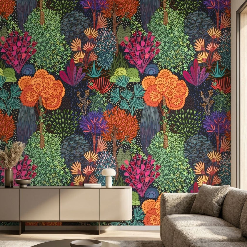 Vibrant floral mural with tulips, seamless pattern, in modern living room wall setting, emphasizing texture and intricate details.