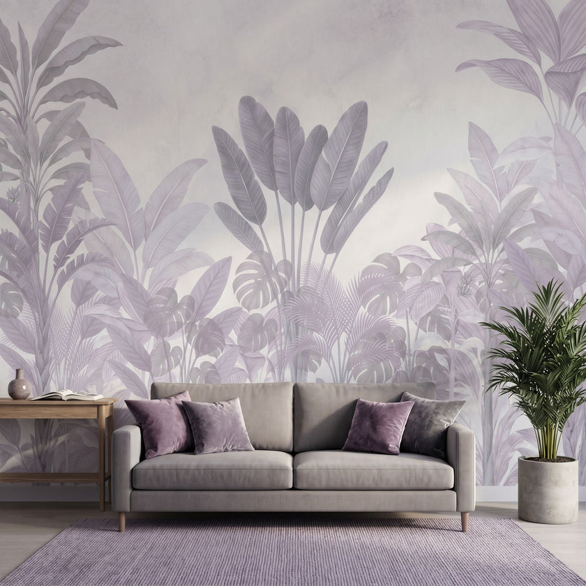 Realistic jungle landscape mural with purple flowers and dense foliage, designed for full wall coverage in natural lighting.