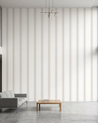 Modern interior with beige geometric stripe wall mural covering entire wall with seamless pattern.