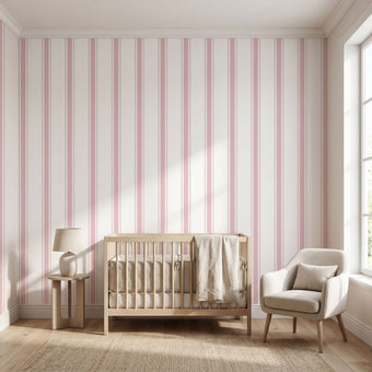 Seamless pink stripe mural filling full wall in stylish nursery with natural sunlight, showcasing pattern accuracy and wall coverage.