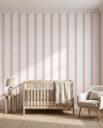 Seamless pink stripe mural filling full wall in stylish nursery with natural sunlight, showcasing pattern accuracy and wall coverage.