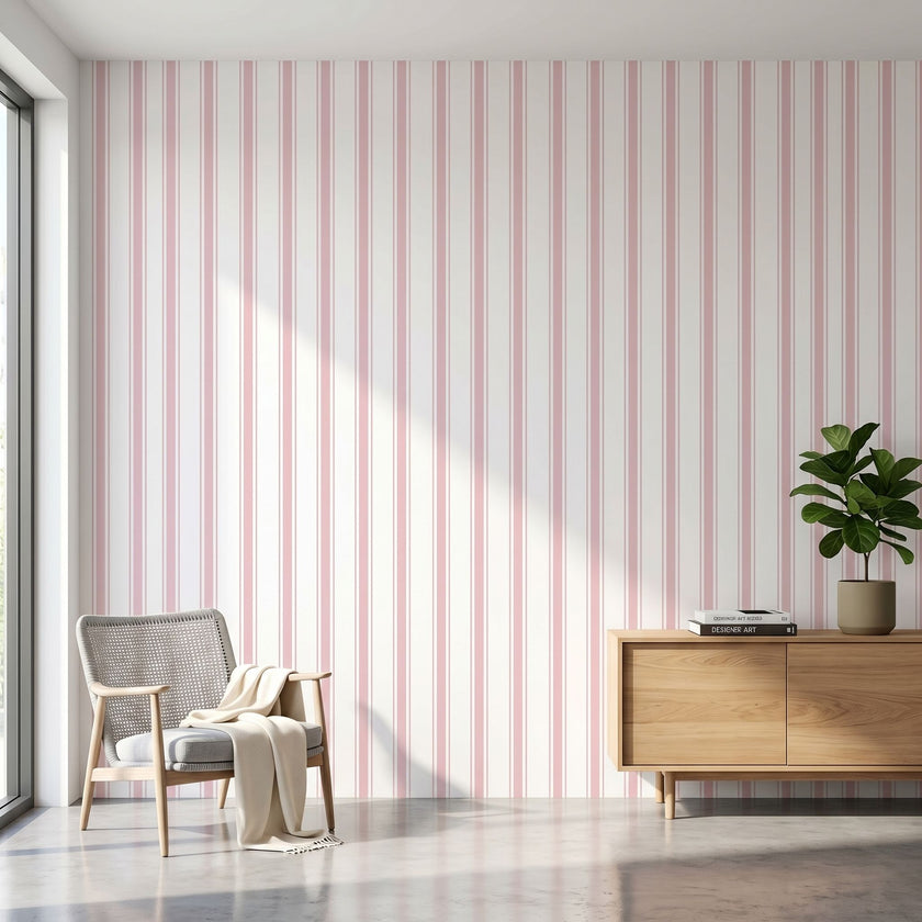 Pink seamless geometric stripe mural covering entire modern living room wall, emphasizing pattern continuity and wall size.
