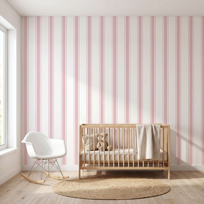 Vibrant seamless pink stripe mural dominating contemporary interior with sleek furniture, emphasizing pattern detail and room coverage.