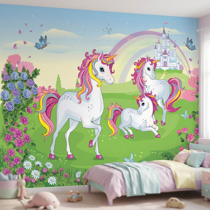 Full wall view of a children's bedroom with rainbow and unicorn mural, emphasizing vibrant colors and textures.