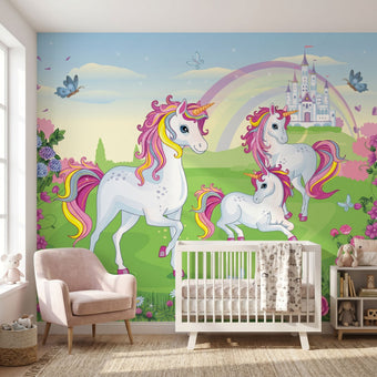 Vibrant nursery mural featuring a rainbow and whimsical unicorn designed for children's decor.