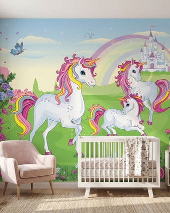 Vibrant nursery mural featuring a rainbow and whimsical unicorn designed for children's decor.