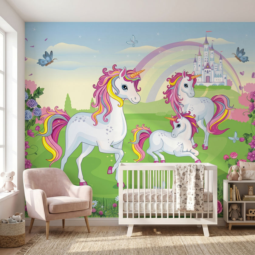 Vibrant nursery mural featuring a rainbow and whimsical unicorn designed for children's decor.