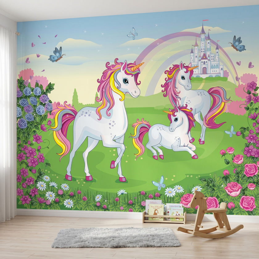 Realistic scene of a rainbow and unicorn mural on nursery wall, captured from a side angle for depth.