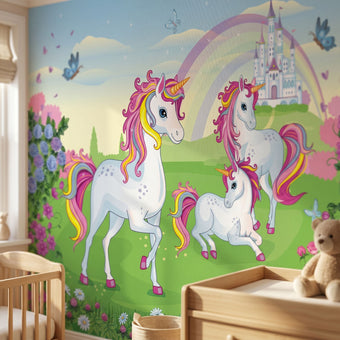 Close-up of a colorful unicorn mural in a child's nursery highlighting detailed mane and gentle features.